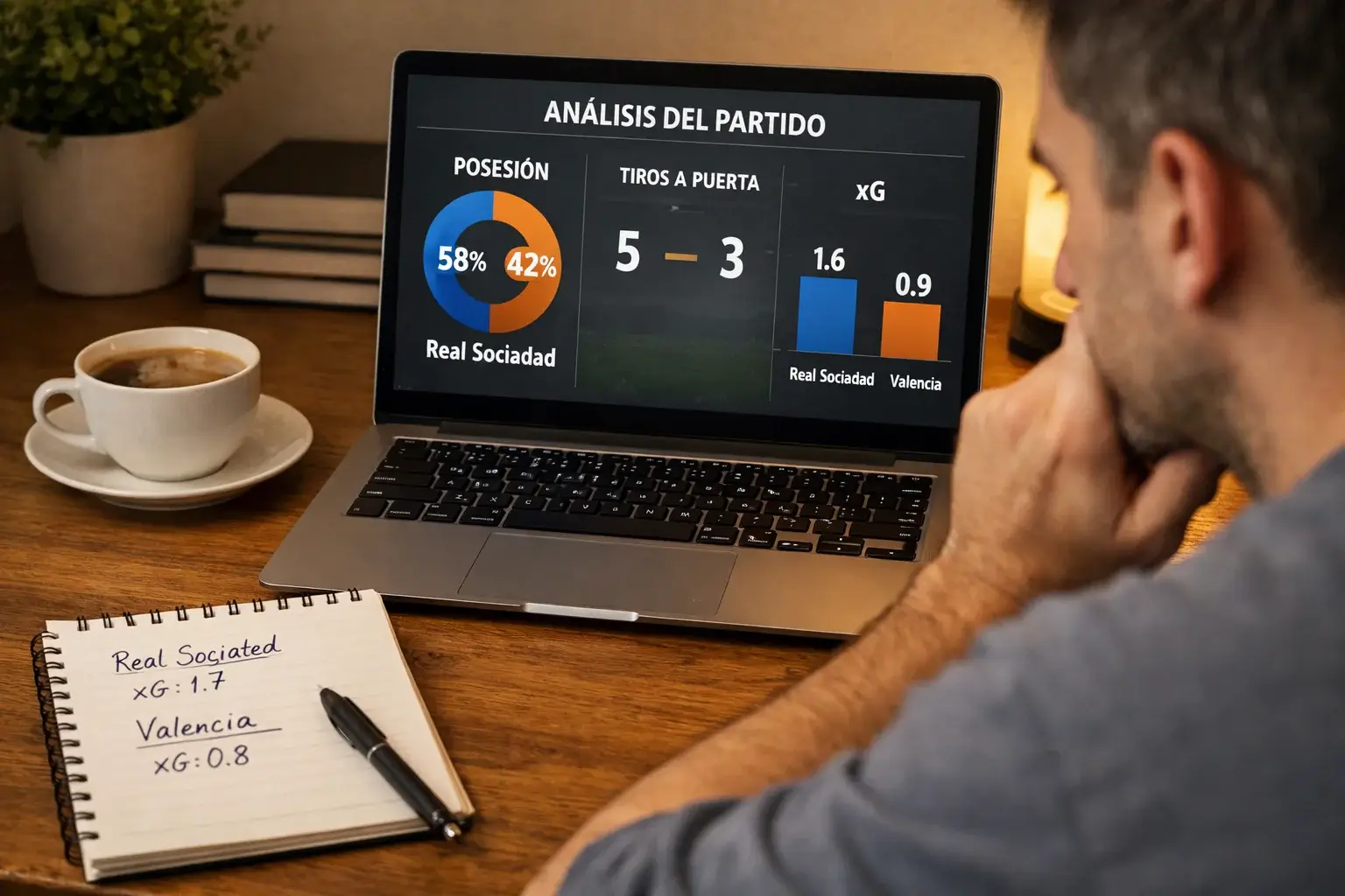 Apostador analizando partido de f&uacute;tbol Real Sociedad con estad&iacute;sticas en laptop