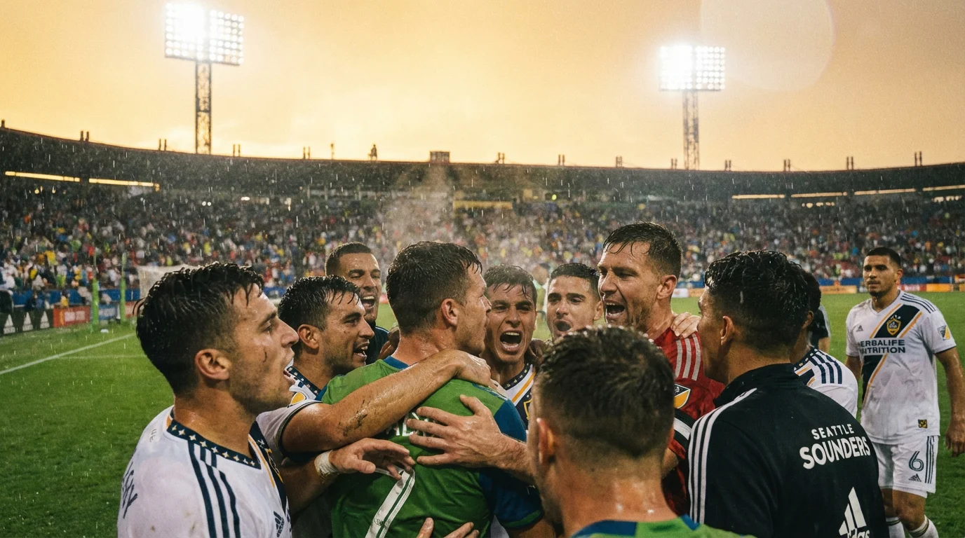 Futbolistas de un equipo motivándose en el campo durante un partido de fútbol