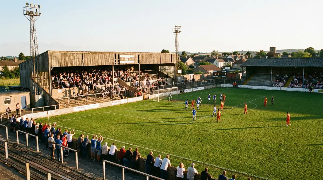 Partido de fútbol en un estadio pequeño de liga menor con gradas parcialmente llenas