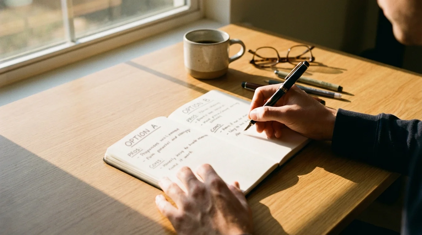 Persona escribiendo en una libreta con dos columnas comparativas sobre una mesa