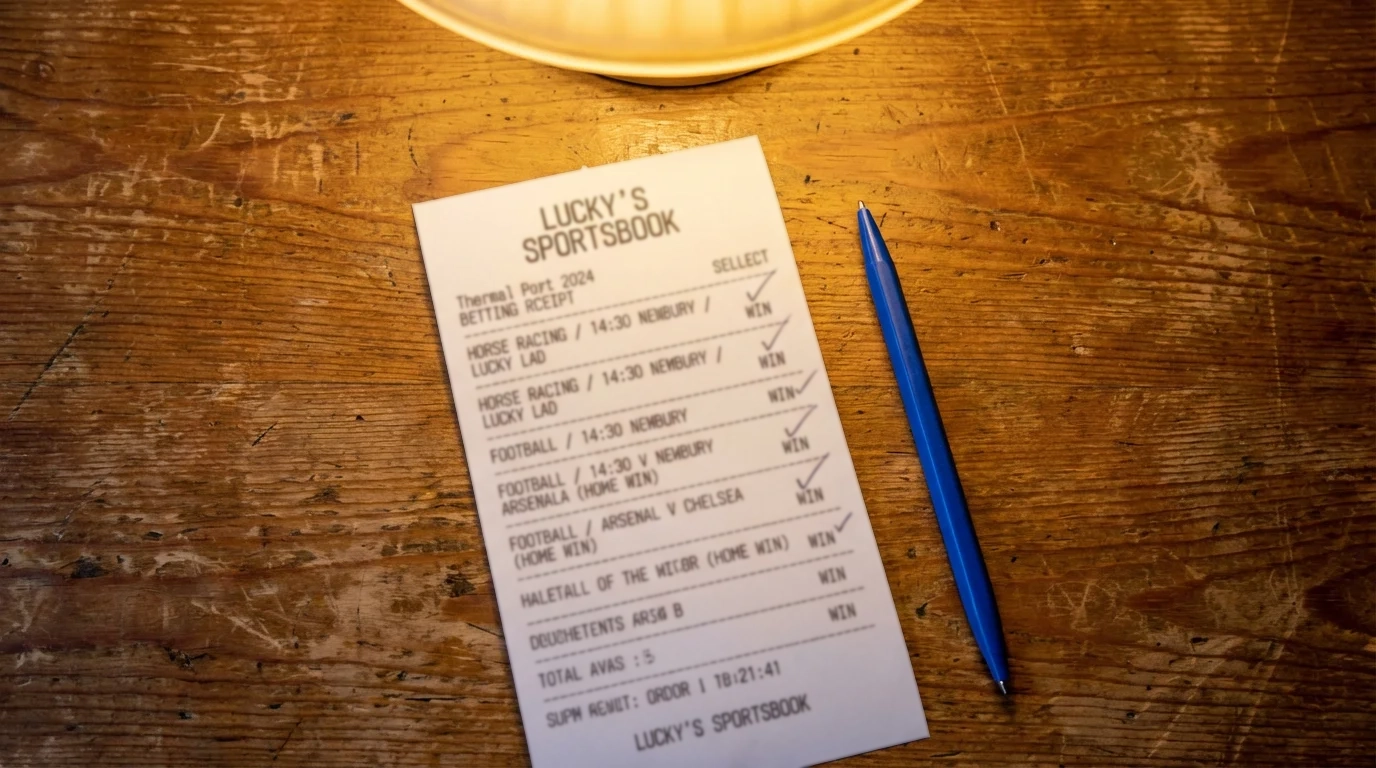 Boleto de apuestas con varias selecciones marcadas sobre una mesa de madera