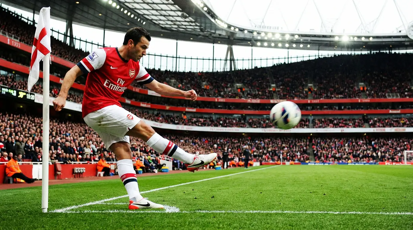 Jugador de fútbol ejecutando un córner en la esquina del campo de césped