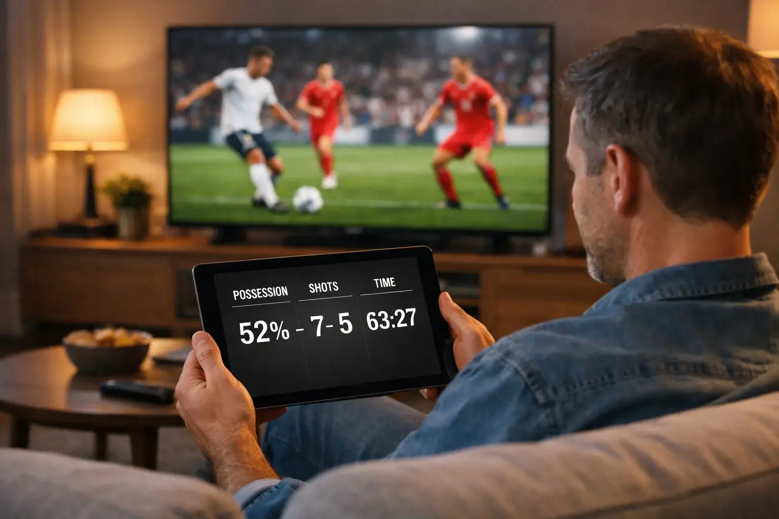 Hincha viendo un partido de fútbol en televisión con tablet en la mano