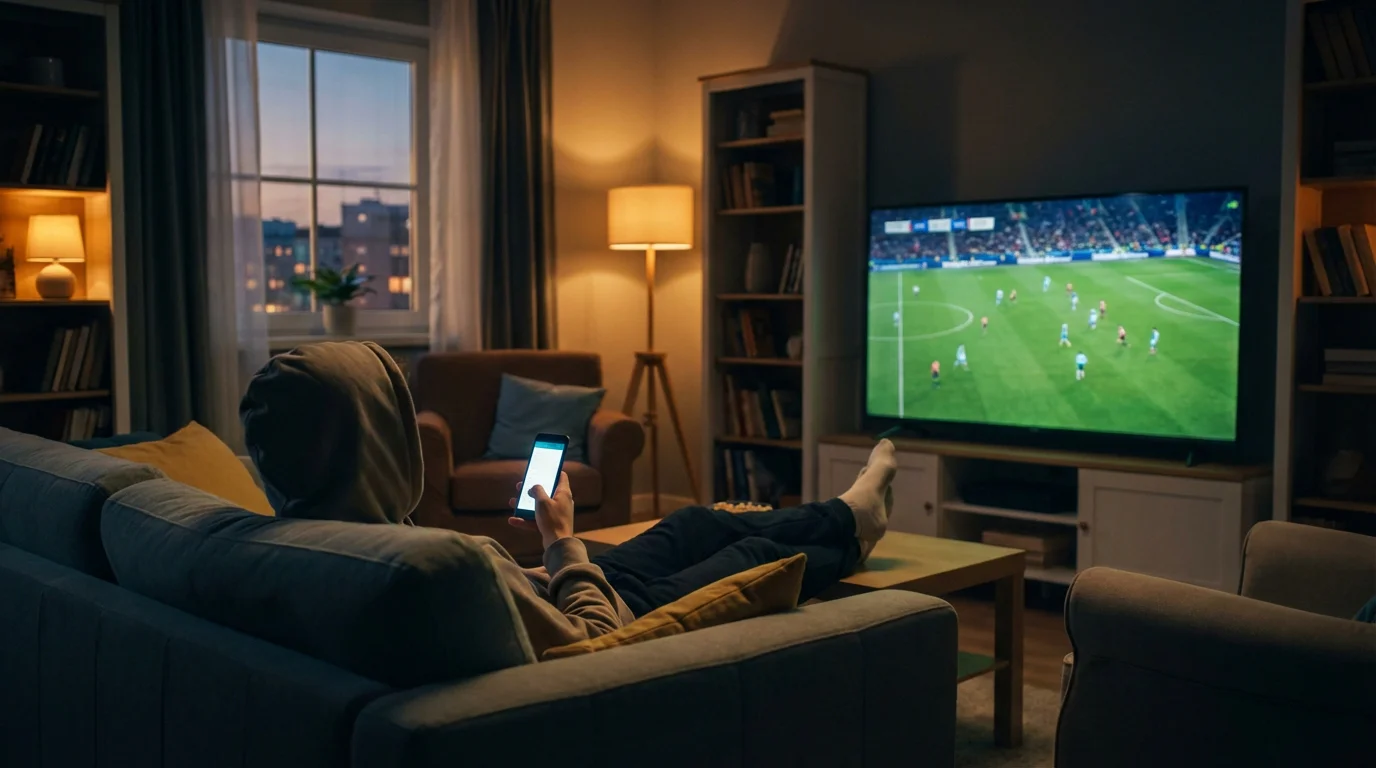 Aficionado viendo un partido de fútbol en vivo en televisión con móvil en la mano