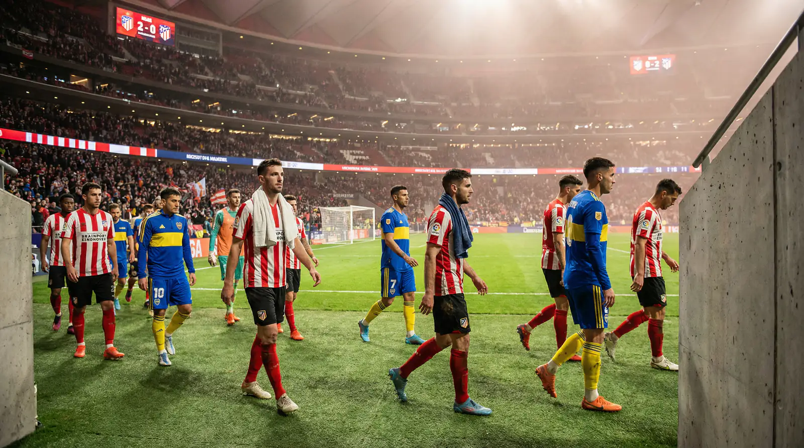 Jugadores de fútbol caminando hacia el túnel de vestuarios en el descanso