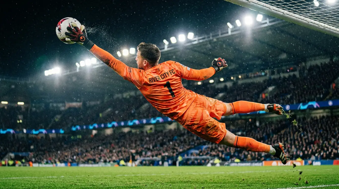 Portero de fútbol saltando para atrapar un balón durante un partido en un estadio