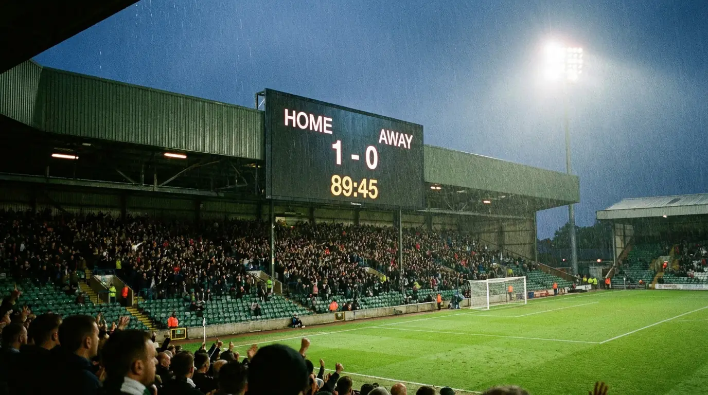 Marcador de un estadio de fútbol mostrando un resultado de partido ajustado