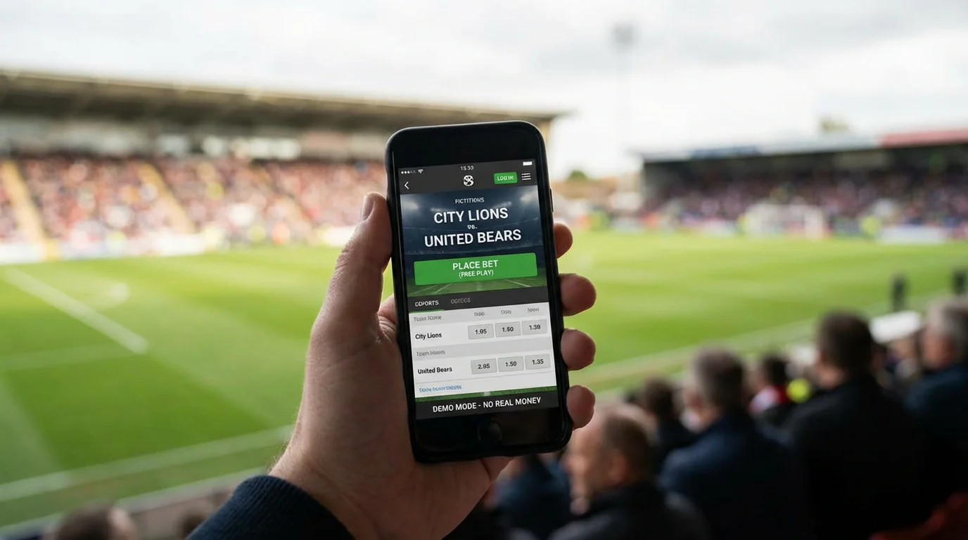 Mano sosteniendo un teléfono móvil con una aplicación de apuestas de fútbol abierta