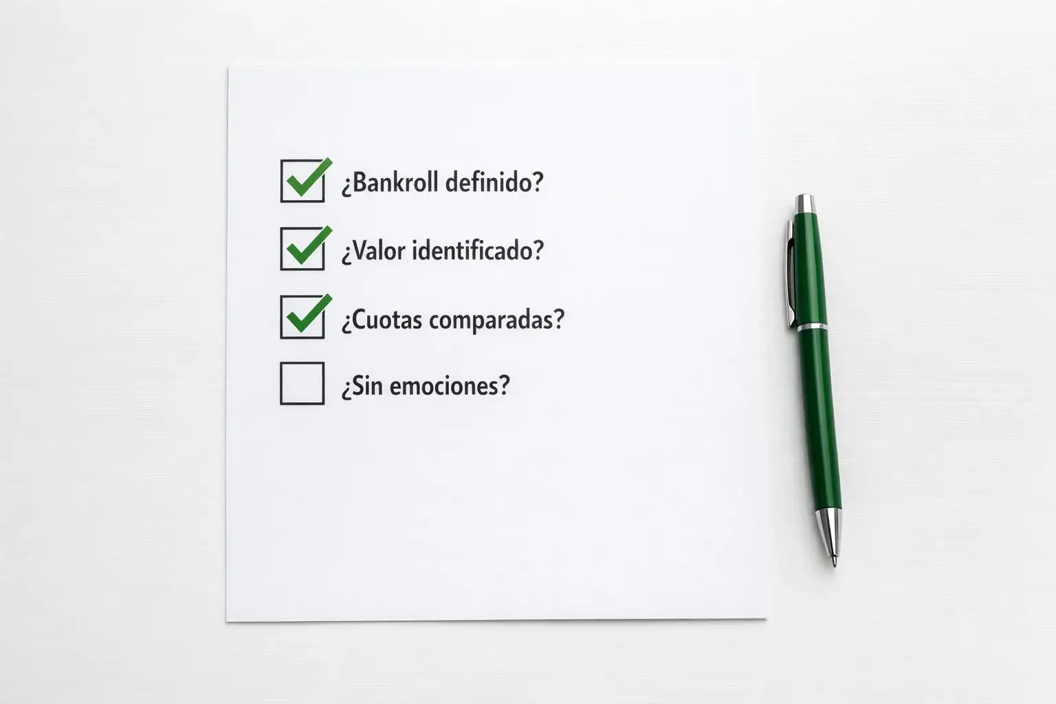Checklist impreso con verificaciones antes de realizar una apuesta de f&uacute;tbol