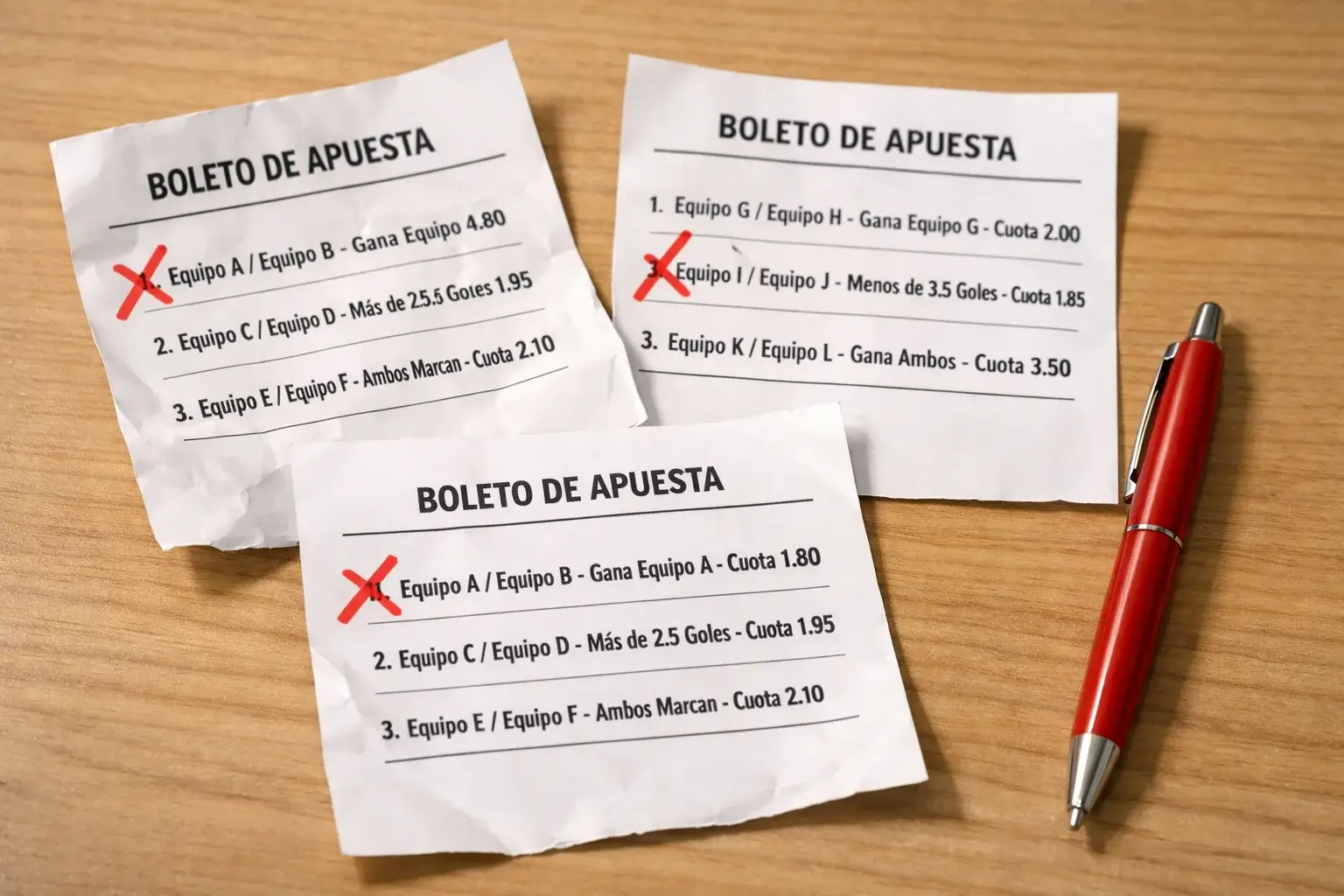 Boletos de apuesta combinada tachados mostrando el error de abusar de combinadas