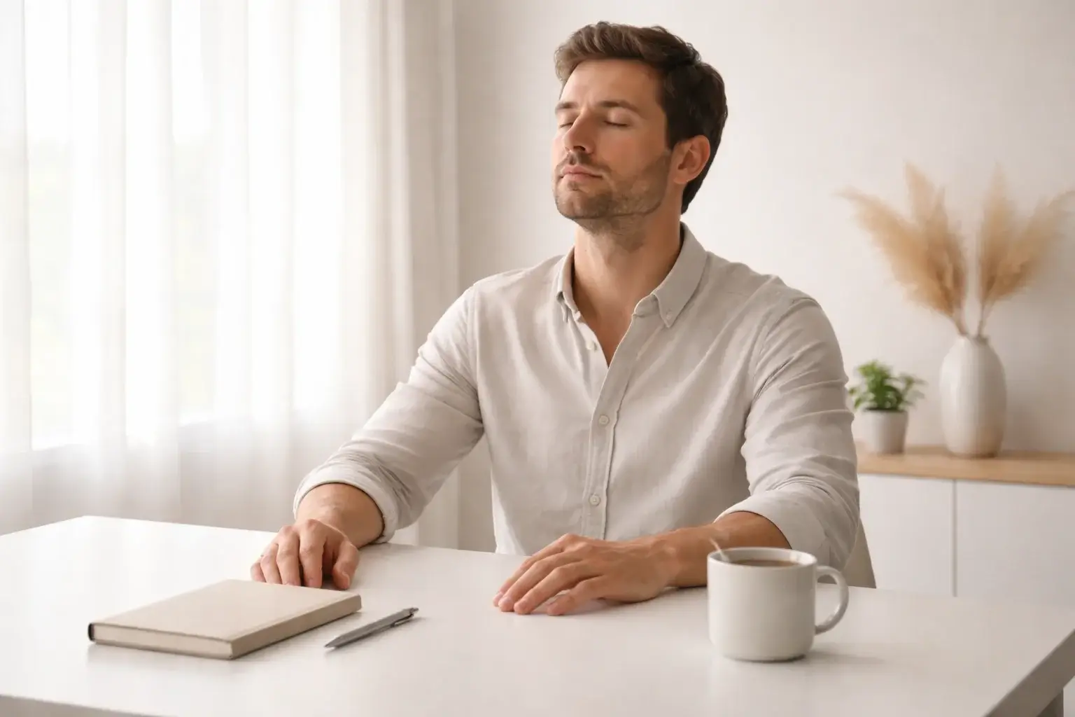 Persona meditando frente a un escritorio con notas y una taza de café