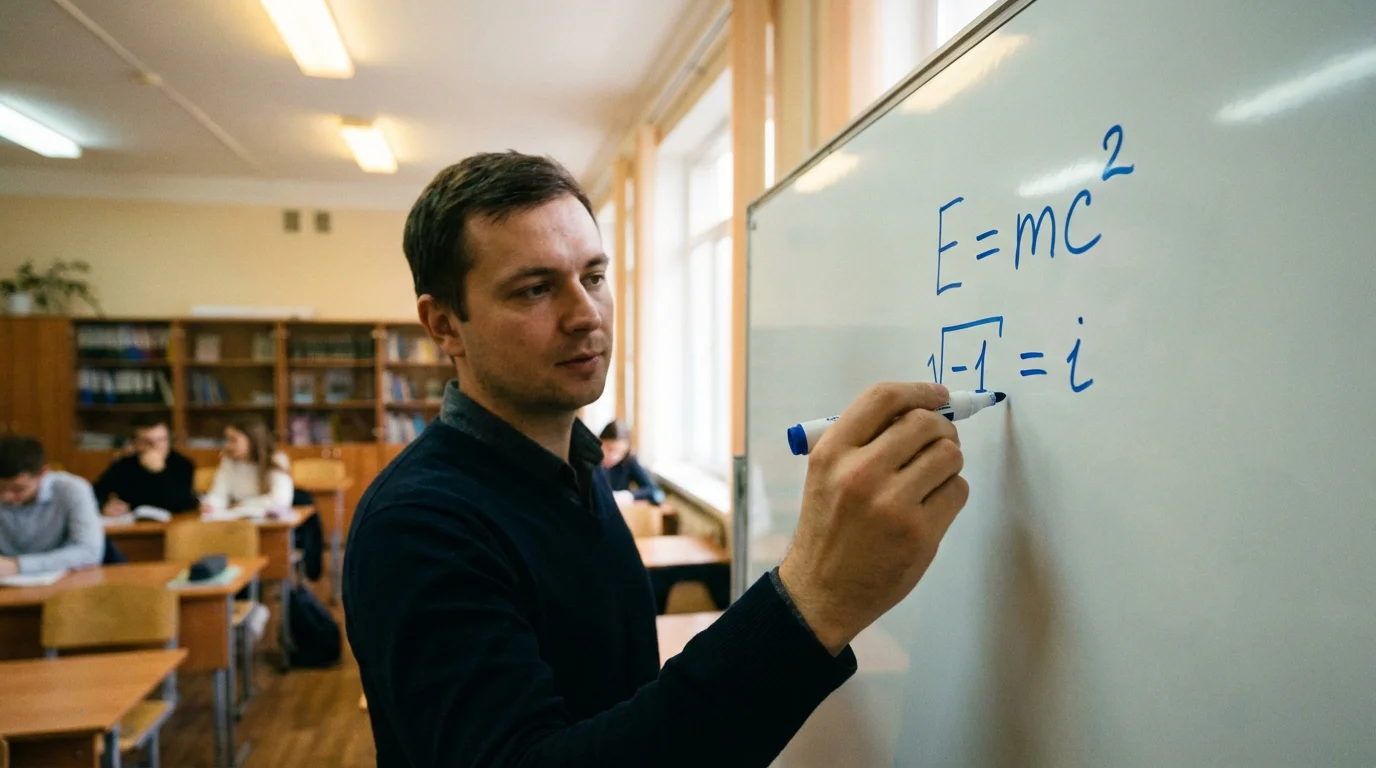 Hombre escribiendo fórmulas matemáticas en una pizarra blanca con marcador