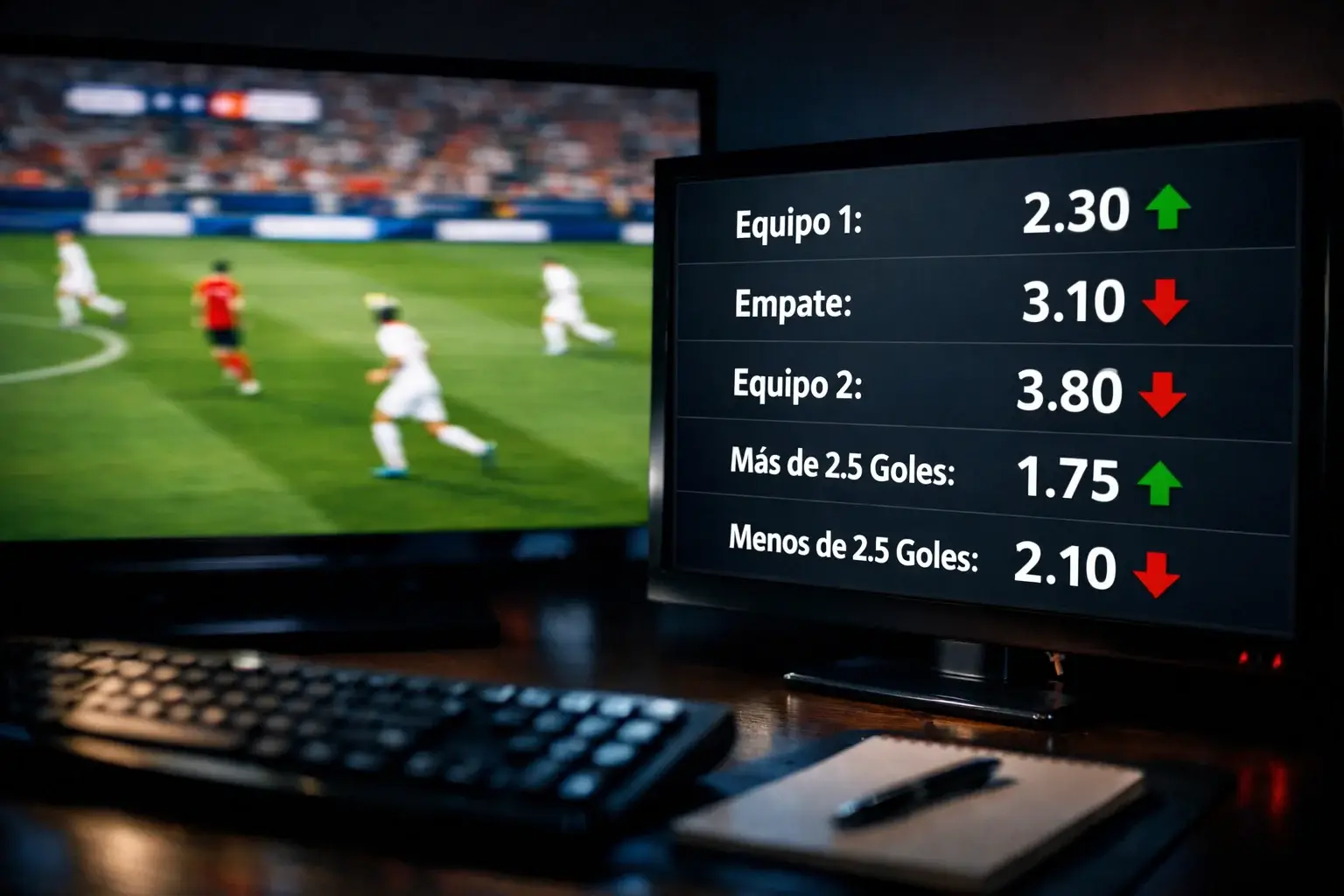Pantalla dividida mostrando partido de f&uacute;tbol y cuotas cambiando en tiempo real