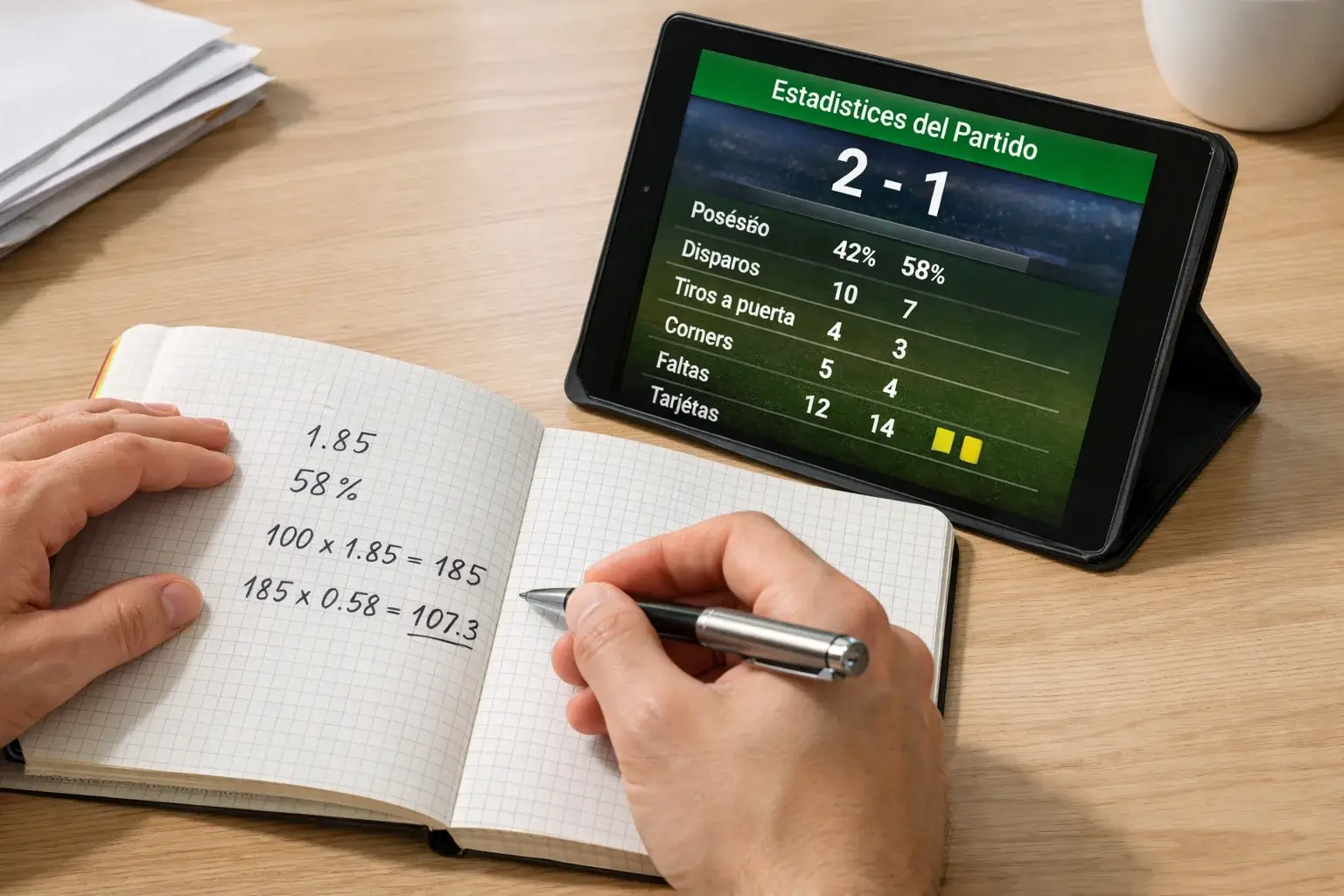 Analista de datos calculando probabilidades en papel con estad&iacute;sticas de partido de f&uacute;tbol