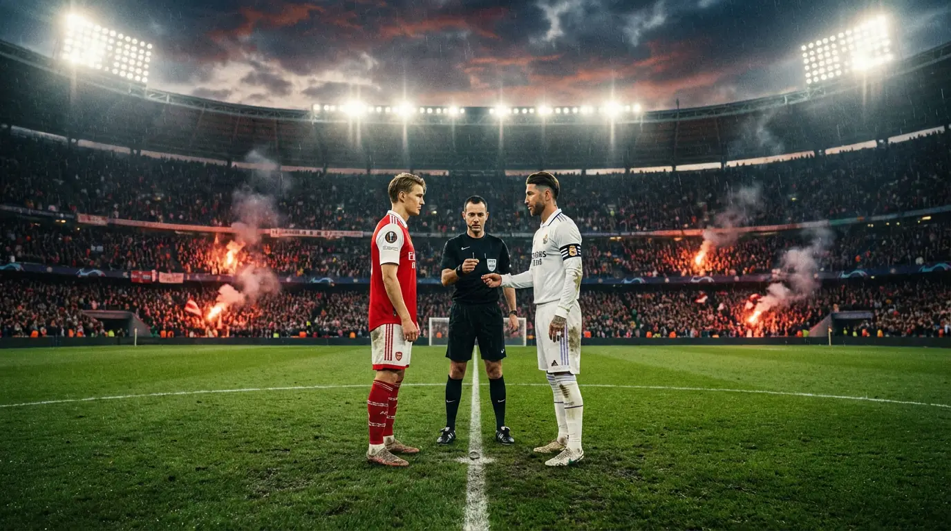 Dos capitanes de fútbol frente a frente antes de un partido en el centro del campo