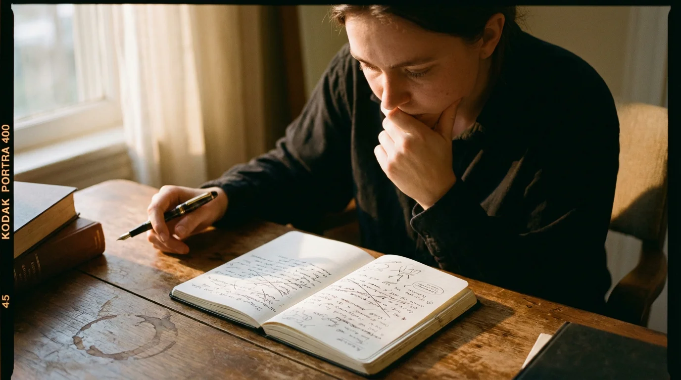 Persona con expresión pensativa mirando una libreta de apuestas con anotaciones tachadas