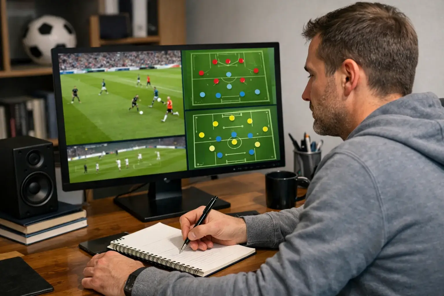 Analista estudiando múltiples pantallas con estadísticas de partidos de fútbol europeo
