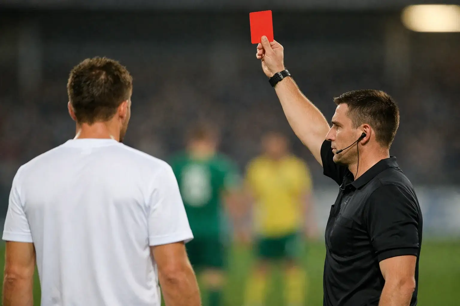 &Aacute;rbitro de f&uacute;tbol mostrando tarjeta roja a jugador durante partido intenso