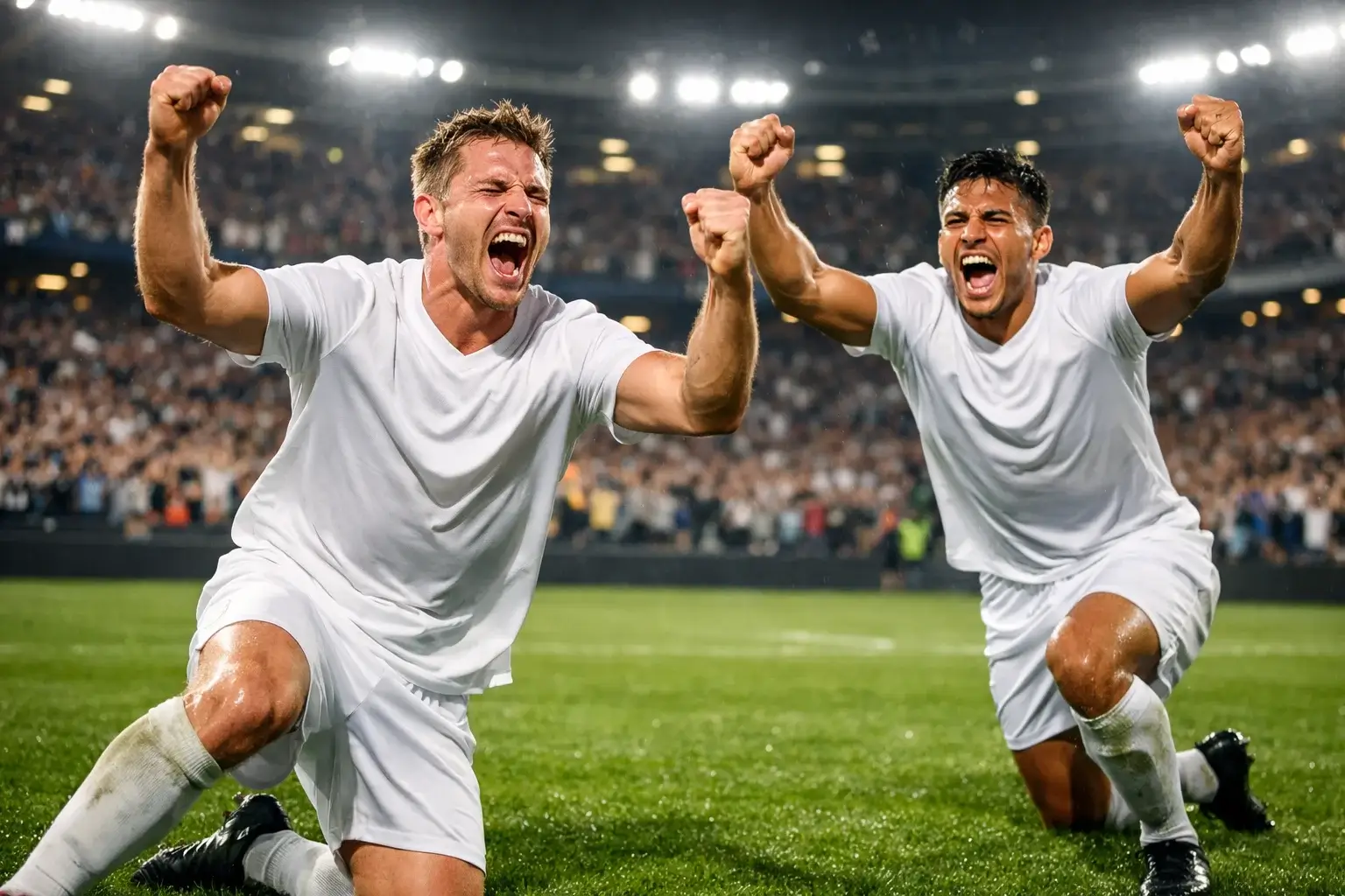 Jugador de f&uacute;tbol favorito celebrando gol de remontada en estadio lleno