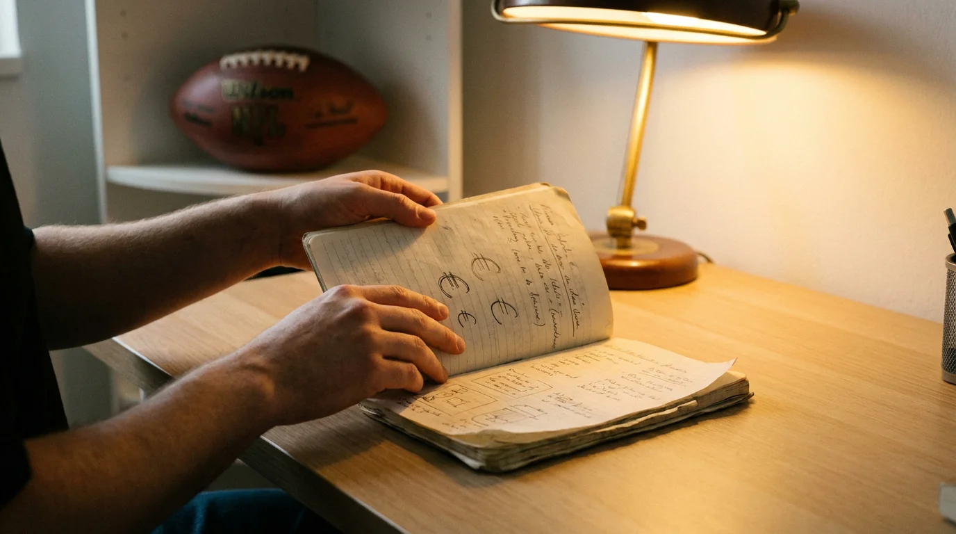 Persona organizando billetes y fichas sobre una mesa con libreta de apuestas de fútbol