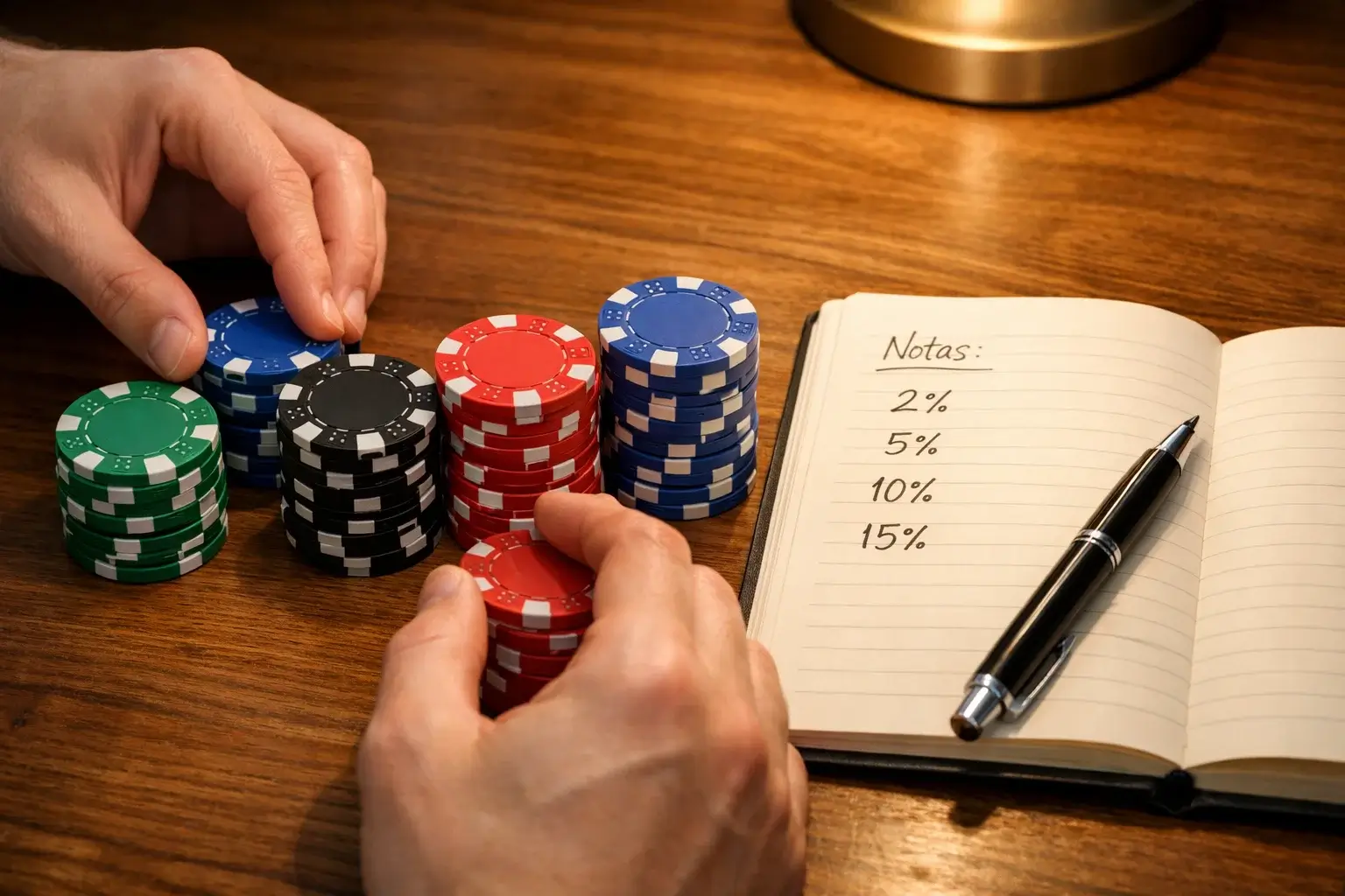 Persona organizando fichas de colores sobre una mesa mientras toma notas en un cuaderno