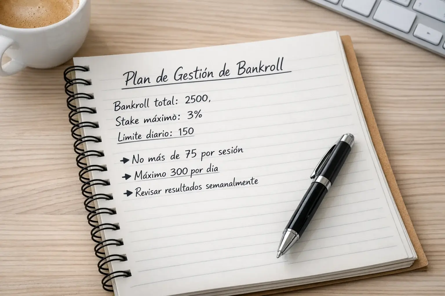 Libreta con bankroll definido y stakes calculados para gesti&oacute;n responsable