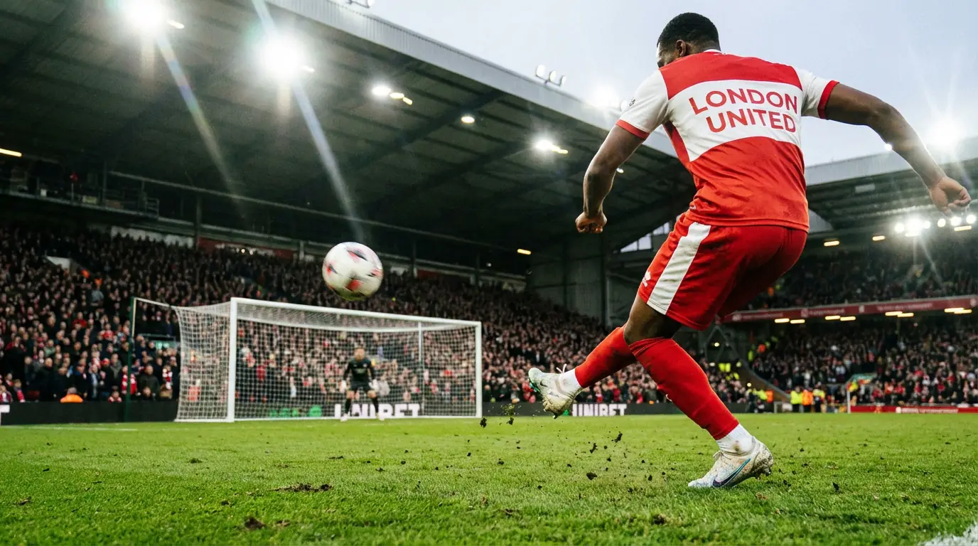 Jugador de fútbol disparando a portería en un estadio con césped natural
