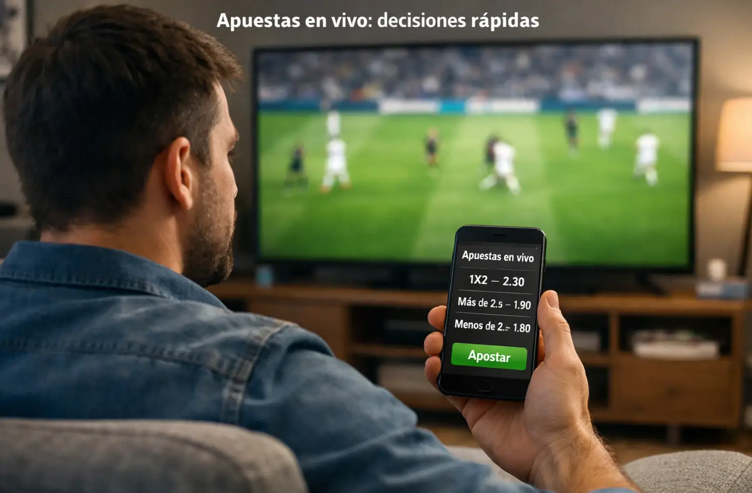 Aficionado viendo partido de fútbol en vivo en televisión mientras apuesta desde móvil