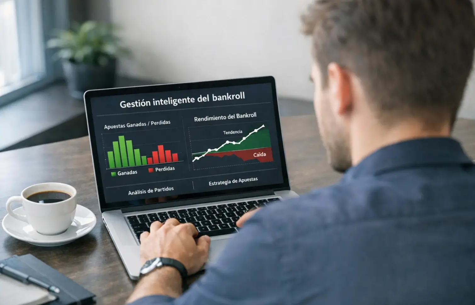 Apostador profesional de fútbol analizando su bankroll en un escritorio ordenado con laptop y bloc de notas