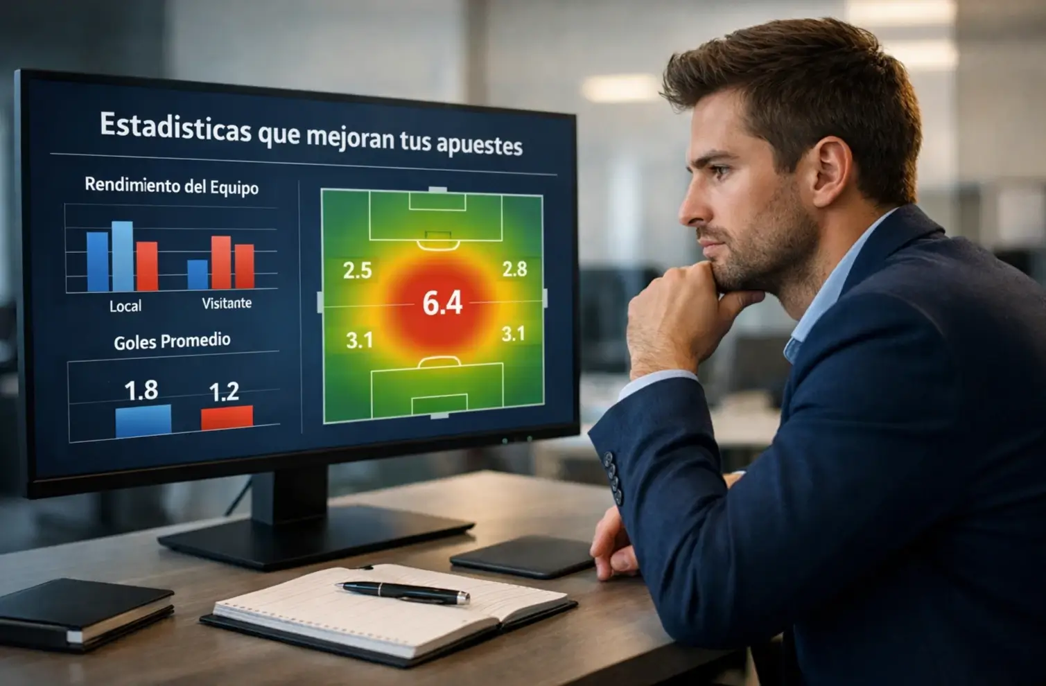 Analista deportivo revisando estadísticas avanzadas de fútbol en pantalla con gráficos de xG