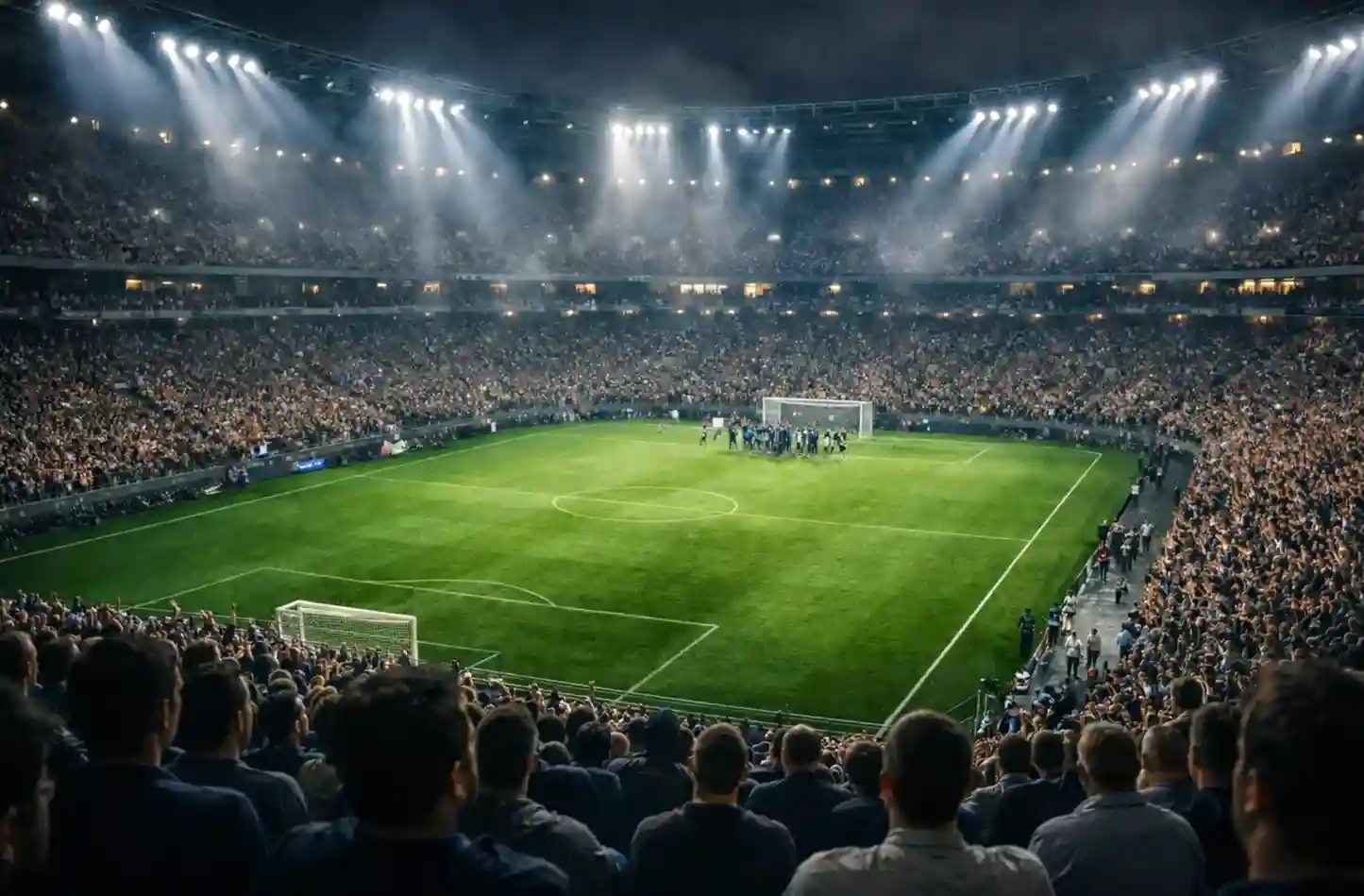 Aficionados celebrando en un estadio de fútbol bajo las luces nocturnas