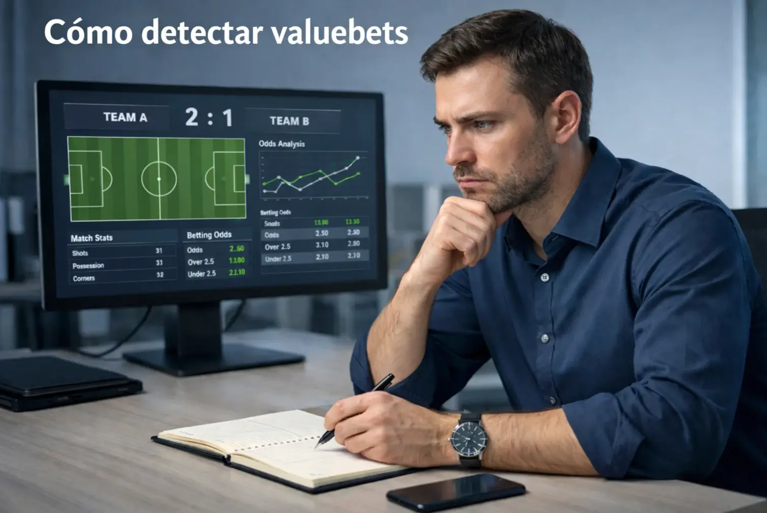 Analista de apuestas de fútbol comparando cuotas en múltiples pantallas con estadísticas