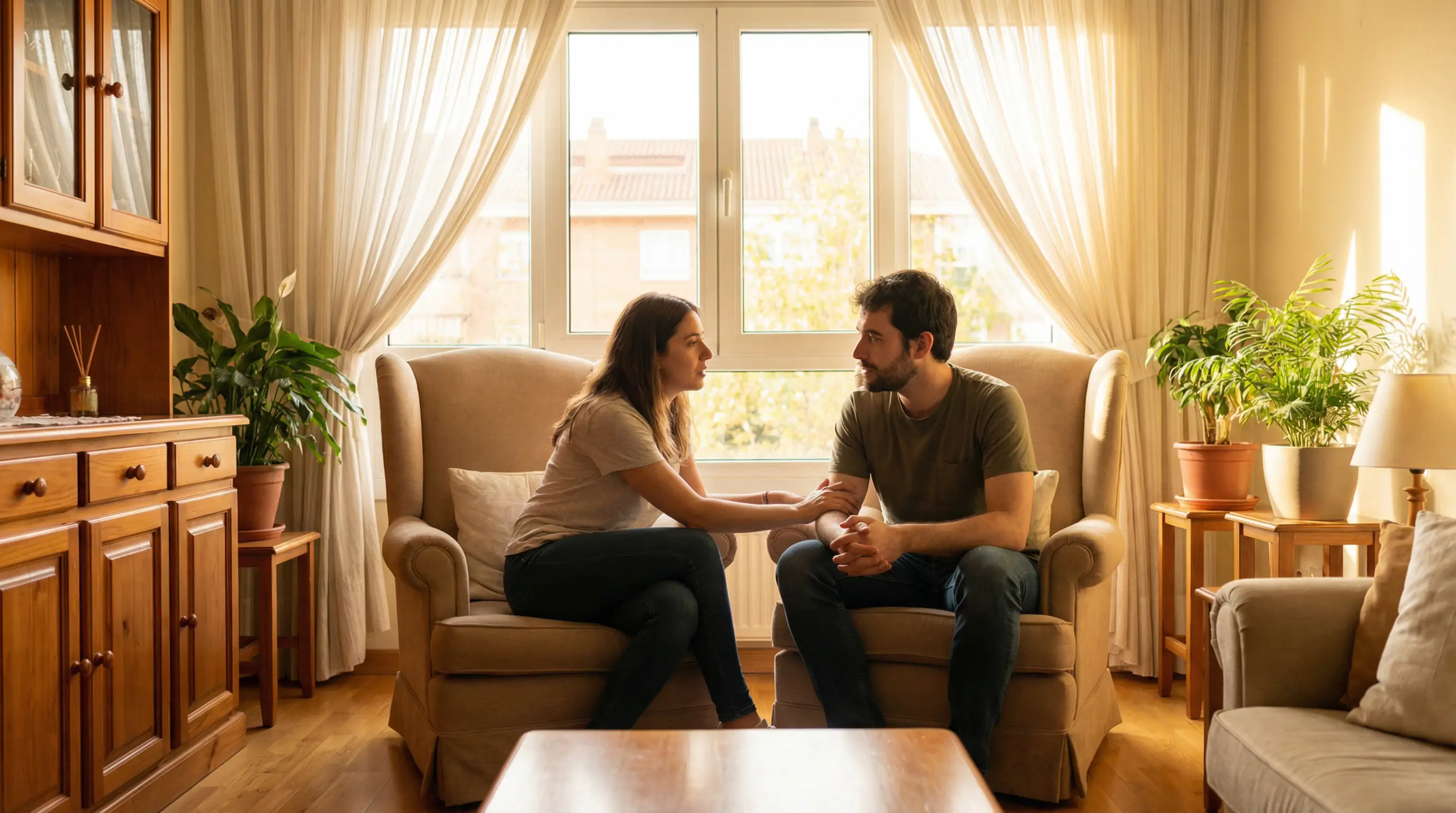 Dos personas conversando en un entorno tranquilo de apoyo y confianza