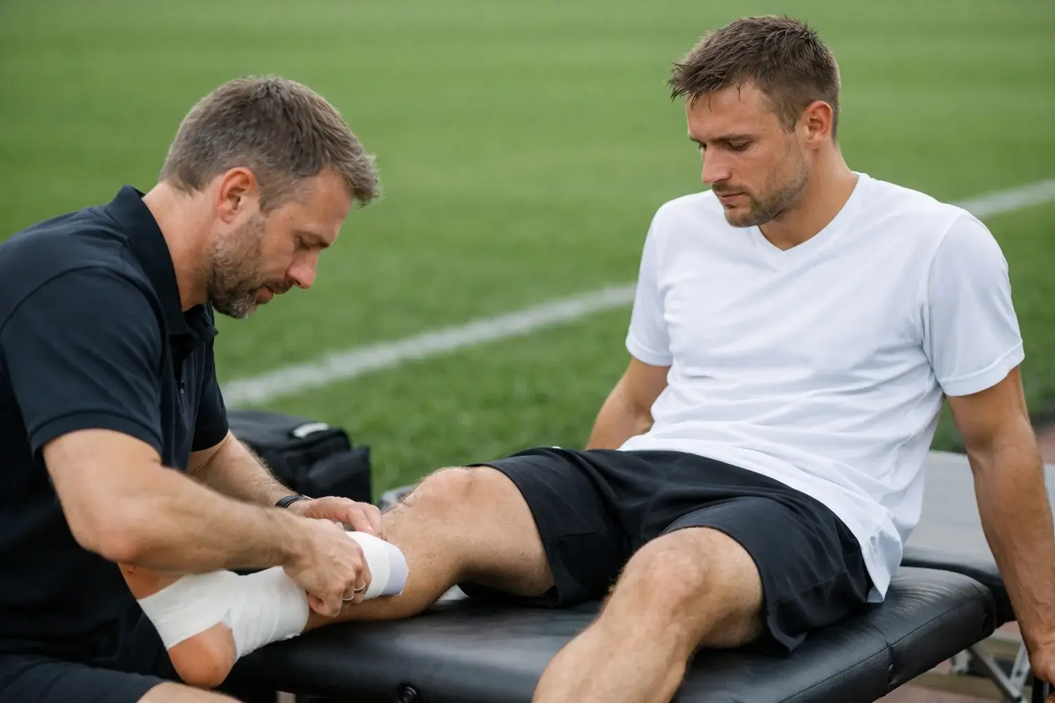 Fisioterapeuta tratando a jugador de f&uacute;tbol lesionado en camilla junto al campo