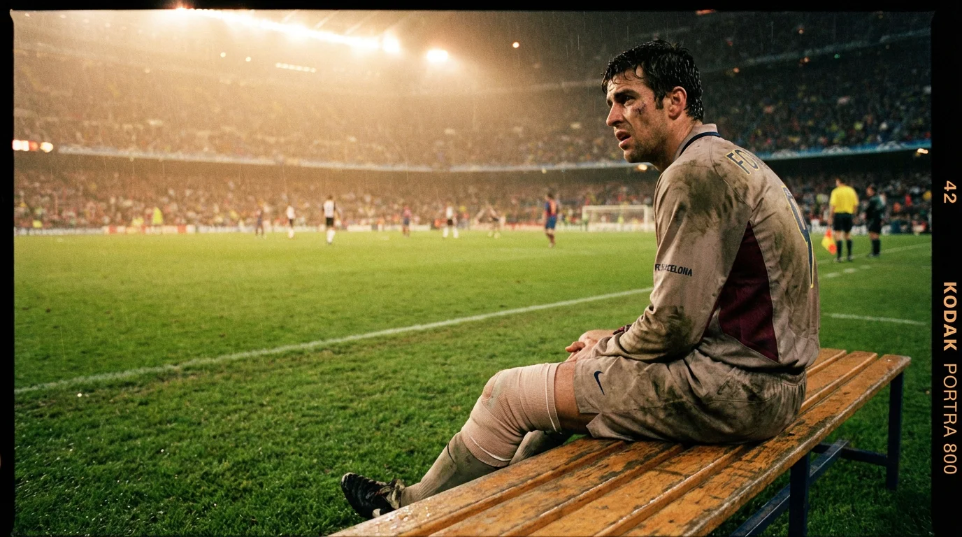 Futbolista lesionado sentado en el banquillo con una venda en la rodilla