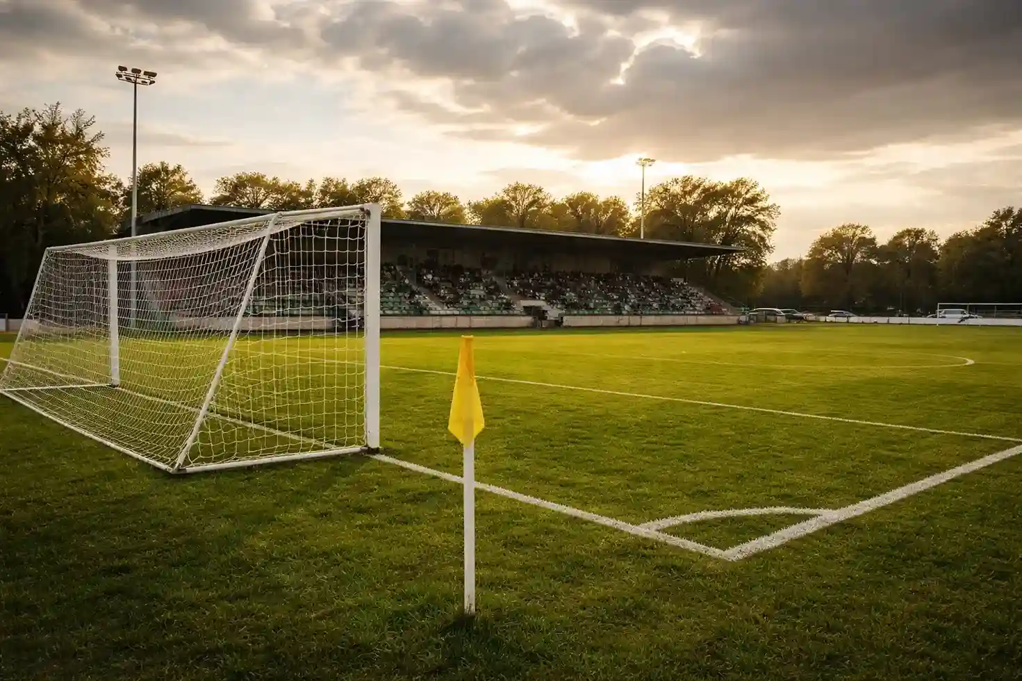 Estadio de f&uacute;tbol de liga menor con pocos espectadores representando mercados poco l&iacute;quidos