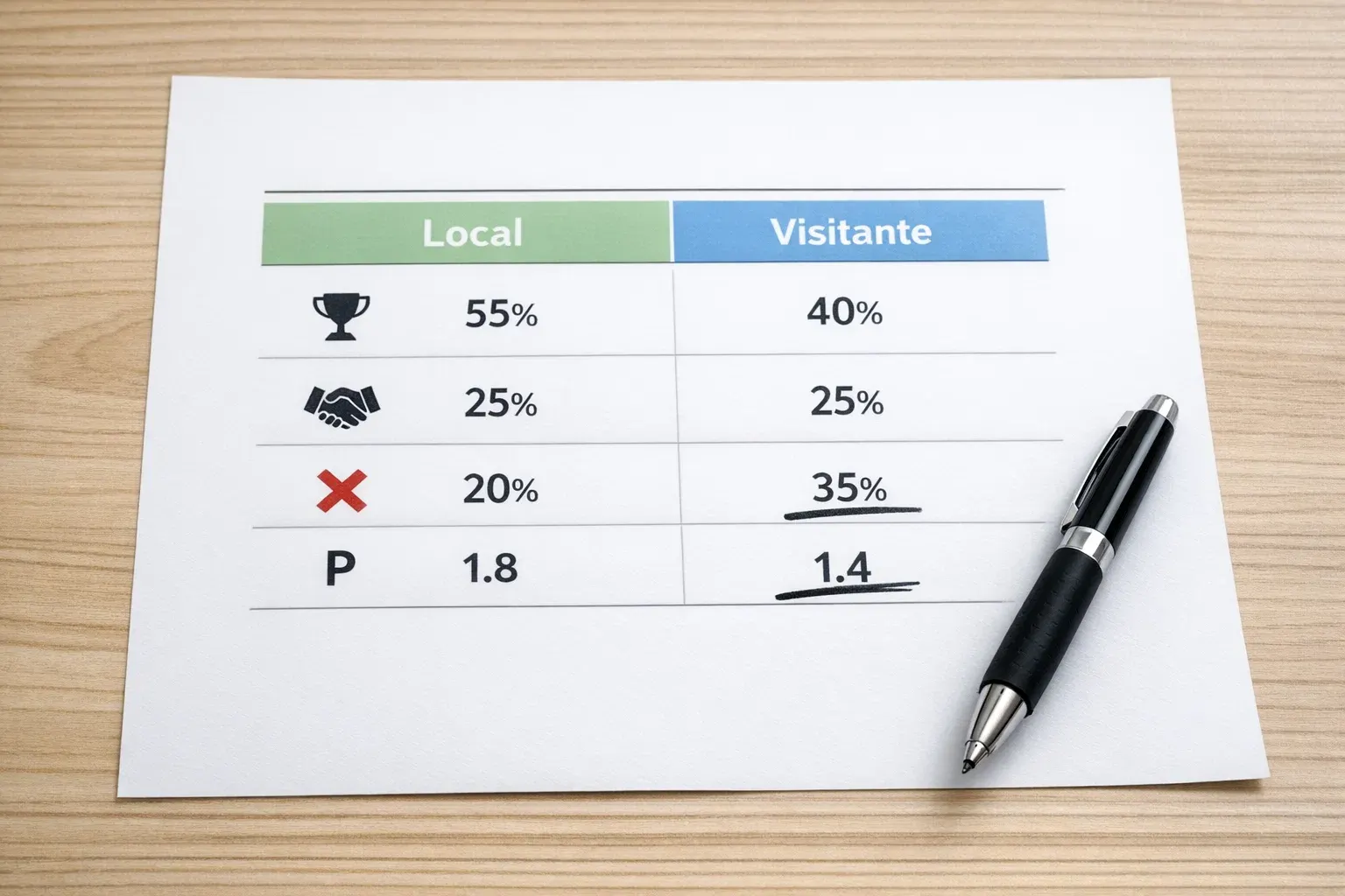 Tabla comparativa mostrando rendimiento de equipo de f&uacute;tbol como local versus visitante
