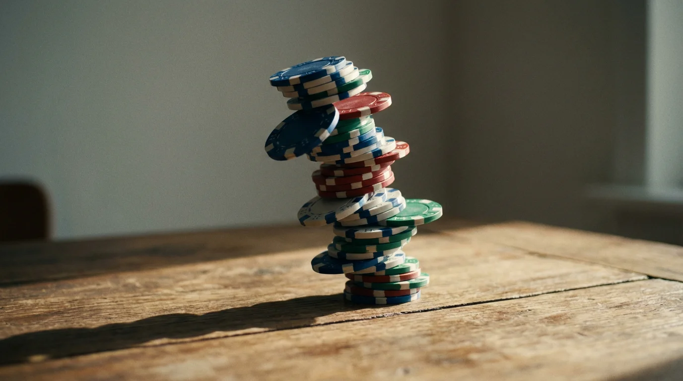 Torre inestable de fichas a punto de caer sobre una mesa, simbolizando riesgo