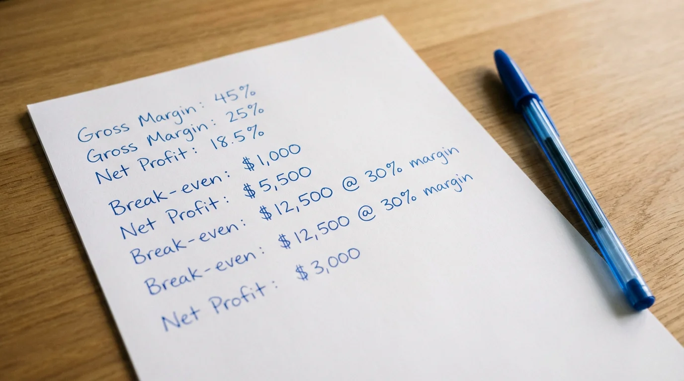 Documento con porcentajes y márgenes escrito a mano junto a un bolígrafo