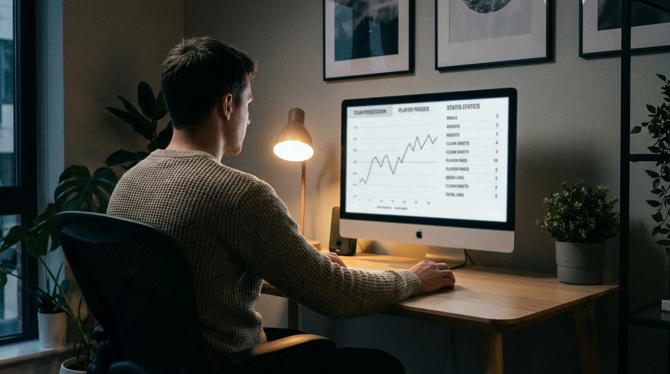 Persona analizando estadísticas de fútbol en una pantalla de ordenador con gráficos