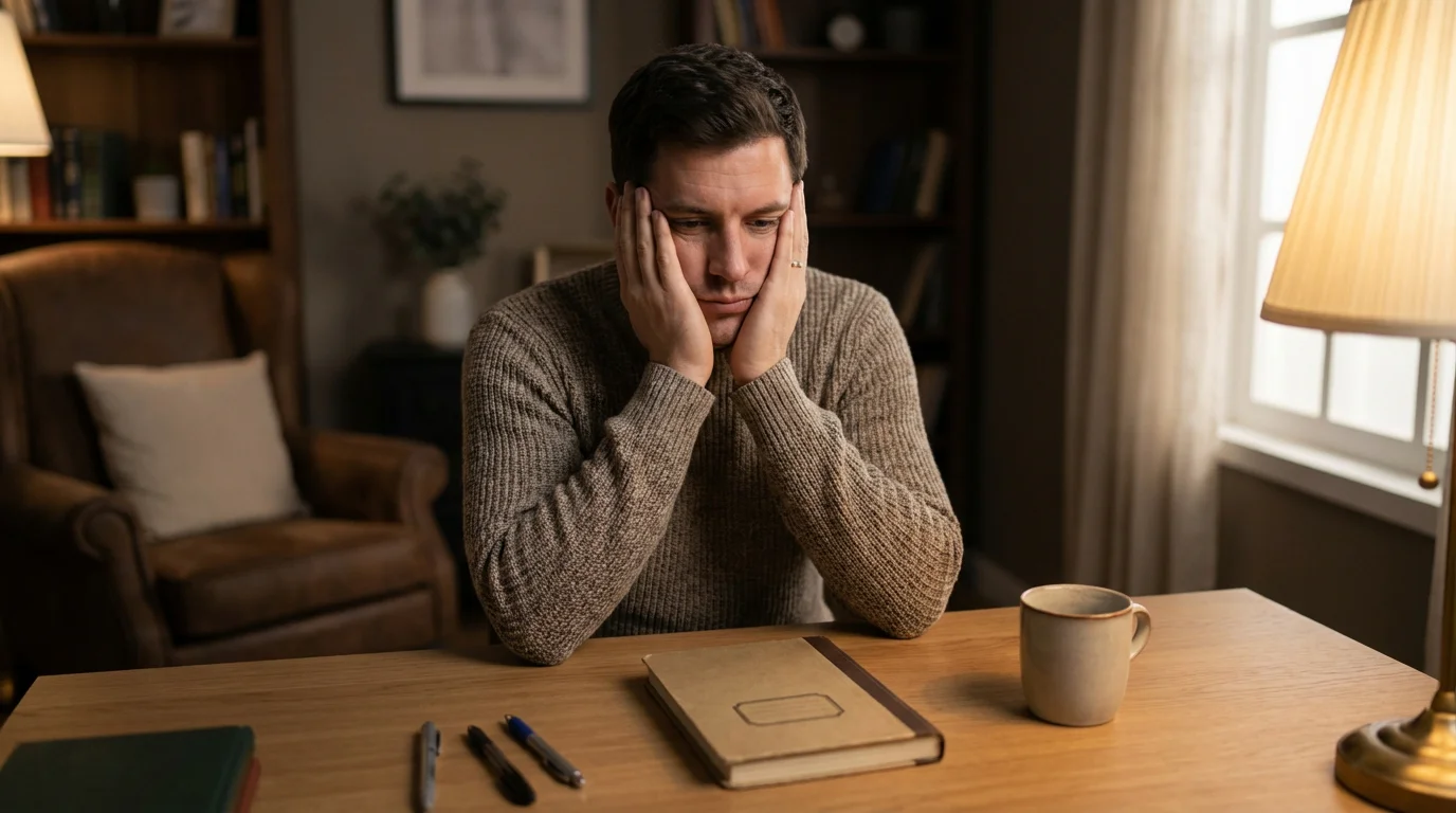 Persona seria reflexionando con la cabeza apoyada en las manos frente a un escritorio