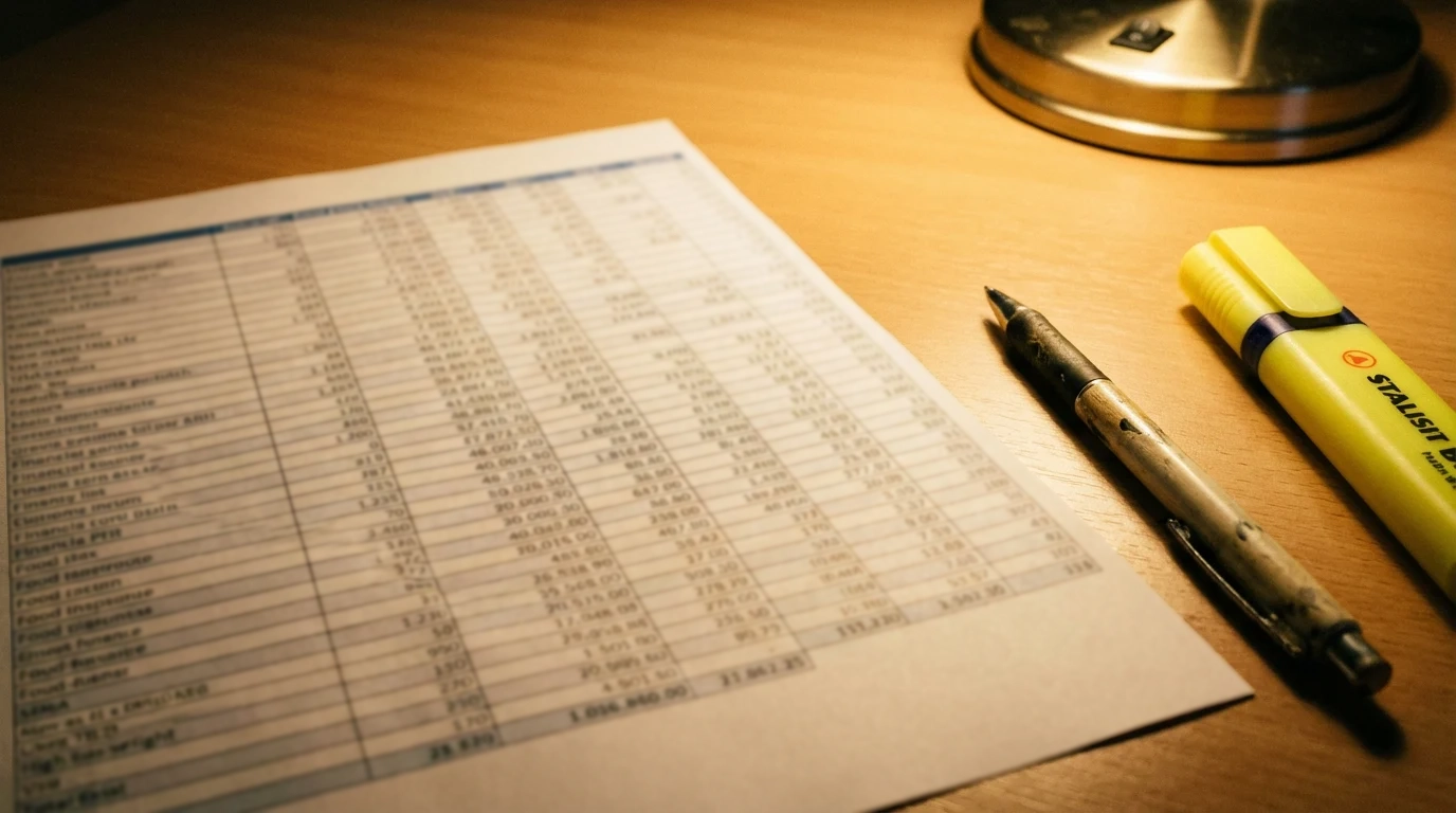 Hoja de cálculo impresa con registros de apuestas deportivas sobre un escritorio