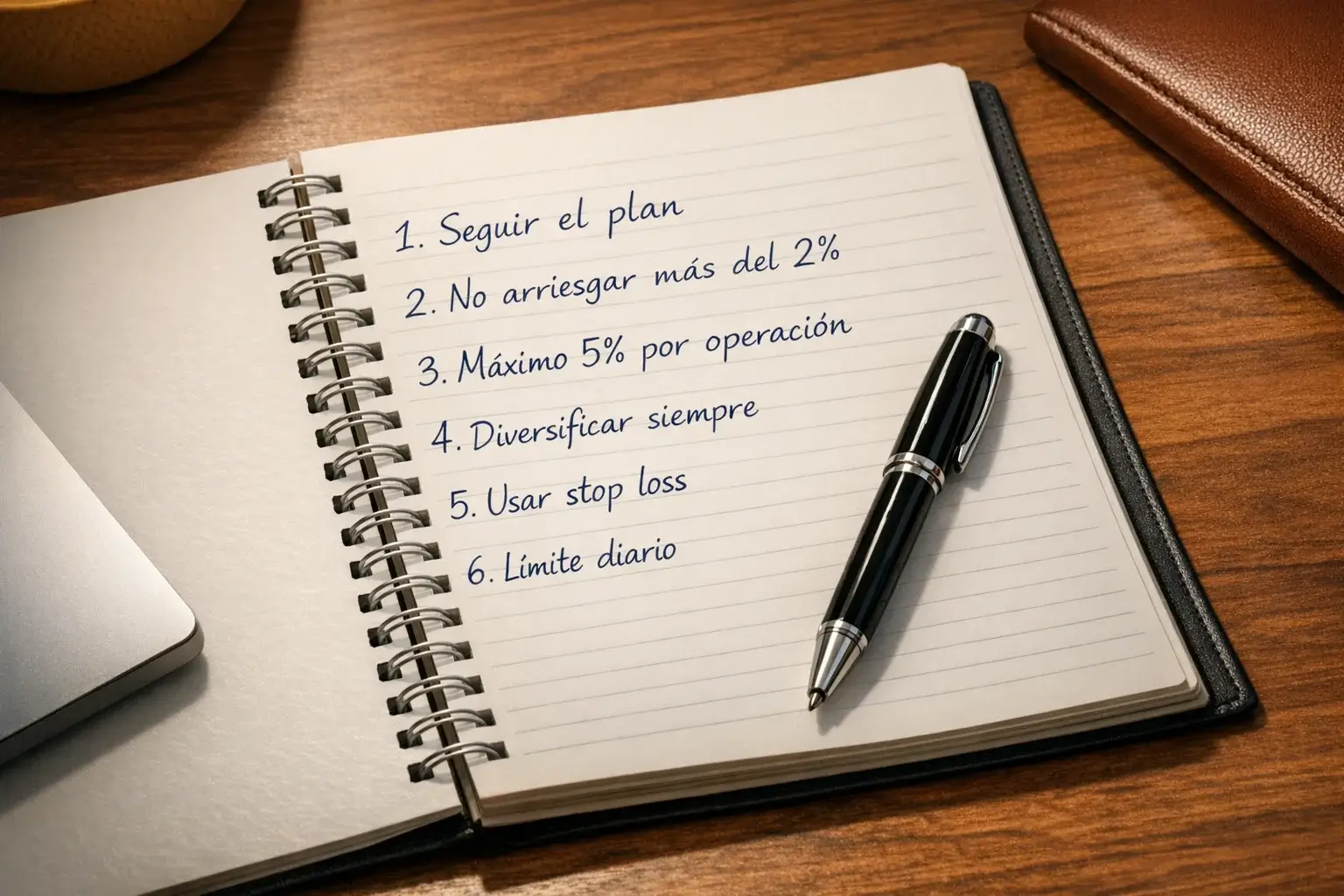 Bloc de notas con porcentajes y reglas de protecci&oacute;n de capital escritas a mano