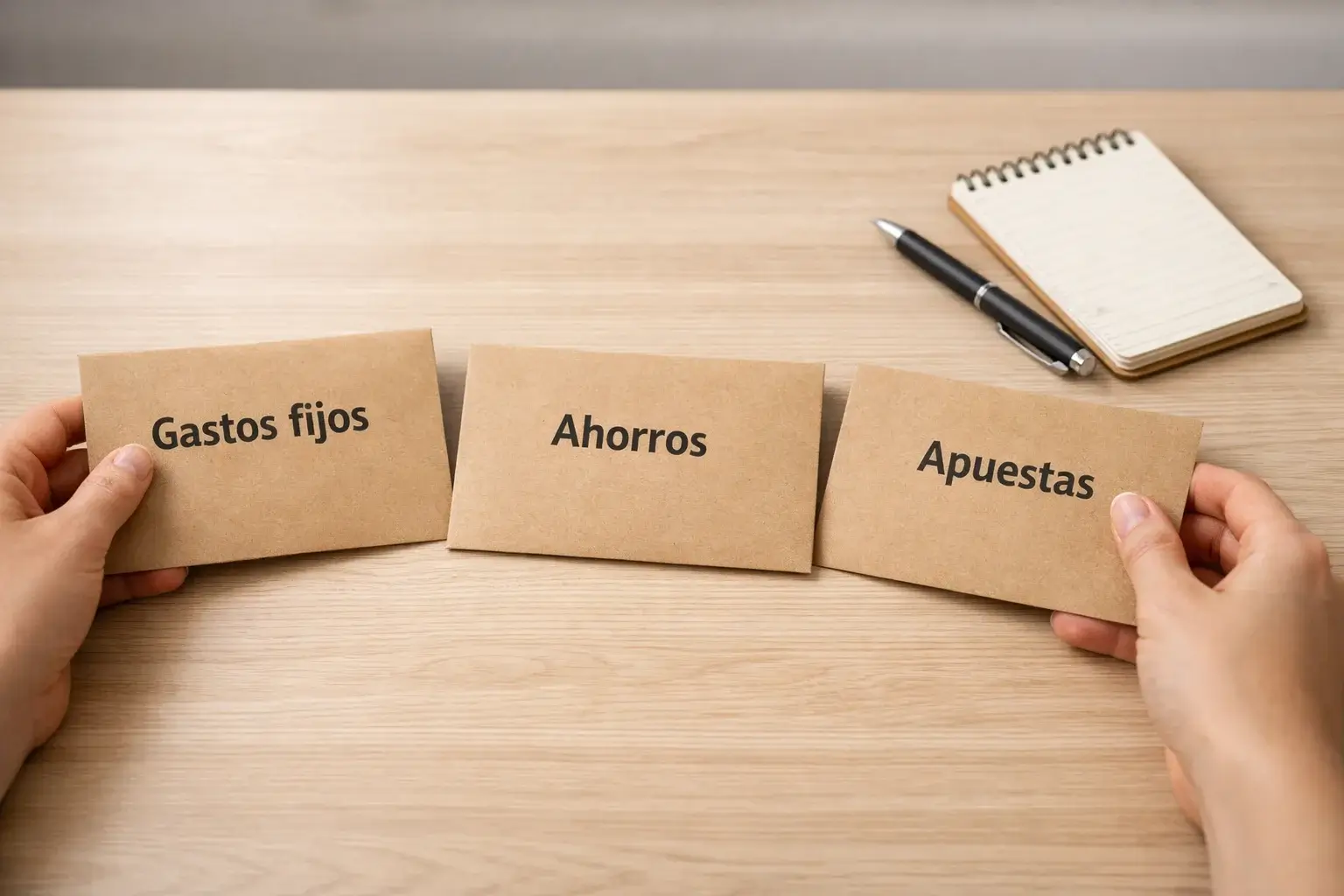 Persona separando dinero en sobres etiquetados para organizar finanzas de apuestas