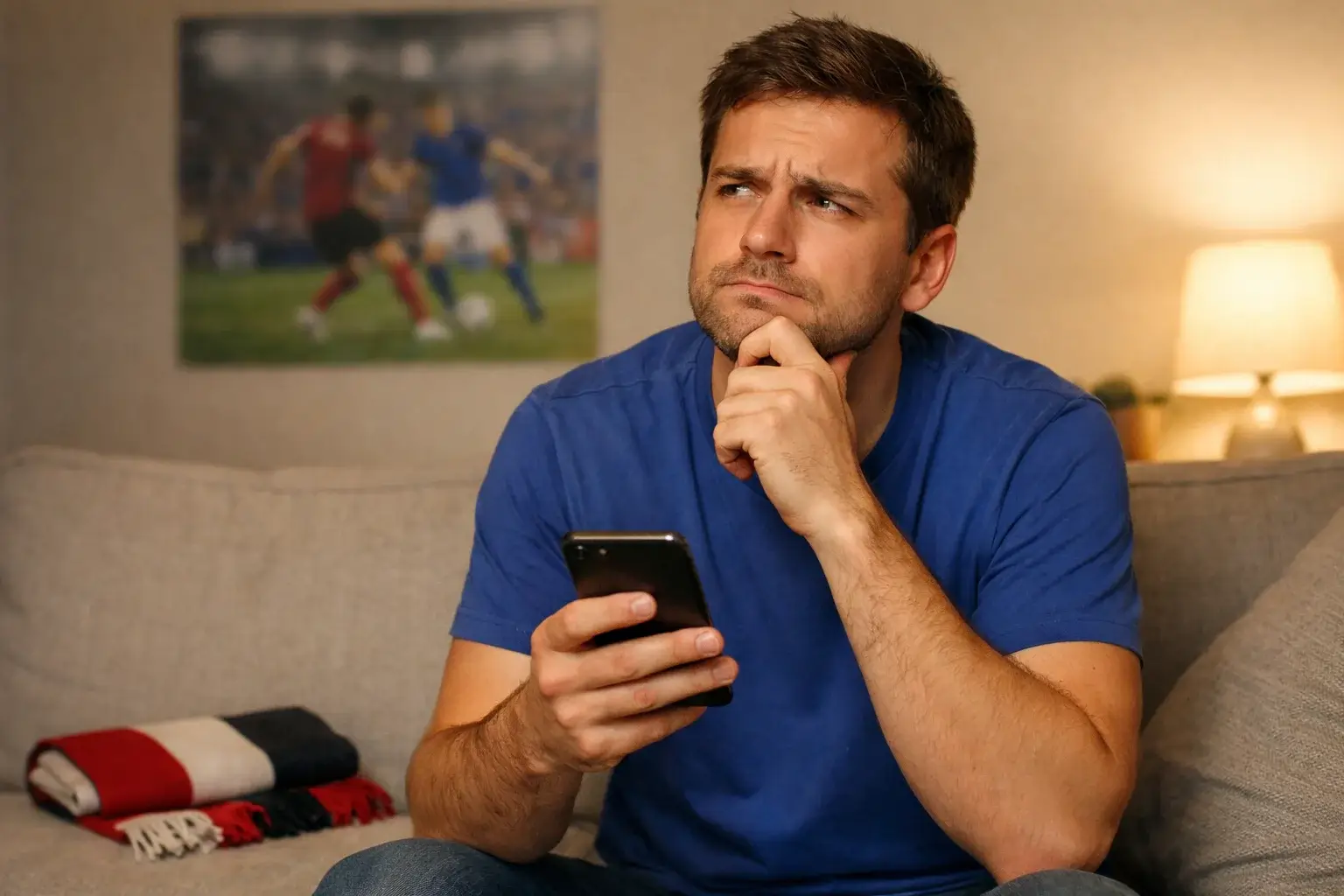 Aficionado con camiseta de su equipo favorito evitando apostar por sesgo emocional