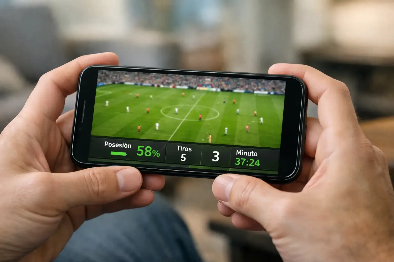 Smartphone mostrando aplicaci&oacute;n de streaming de f&uacute;tbol con estad&iacute;sticas en vivo
