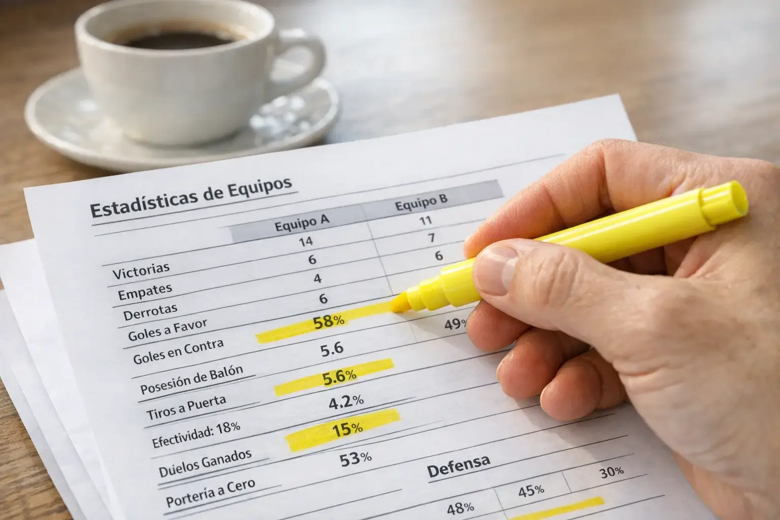 Mano señalando datos destacados en un documento impreso con análisis deportivo