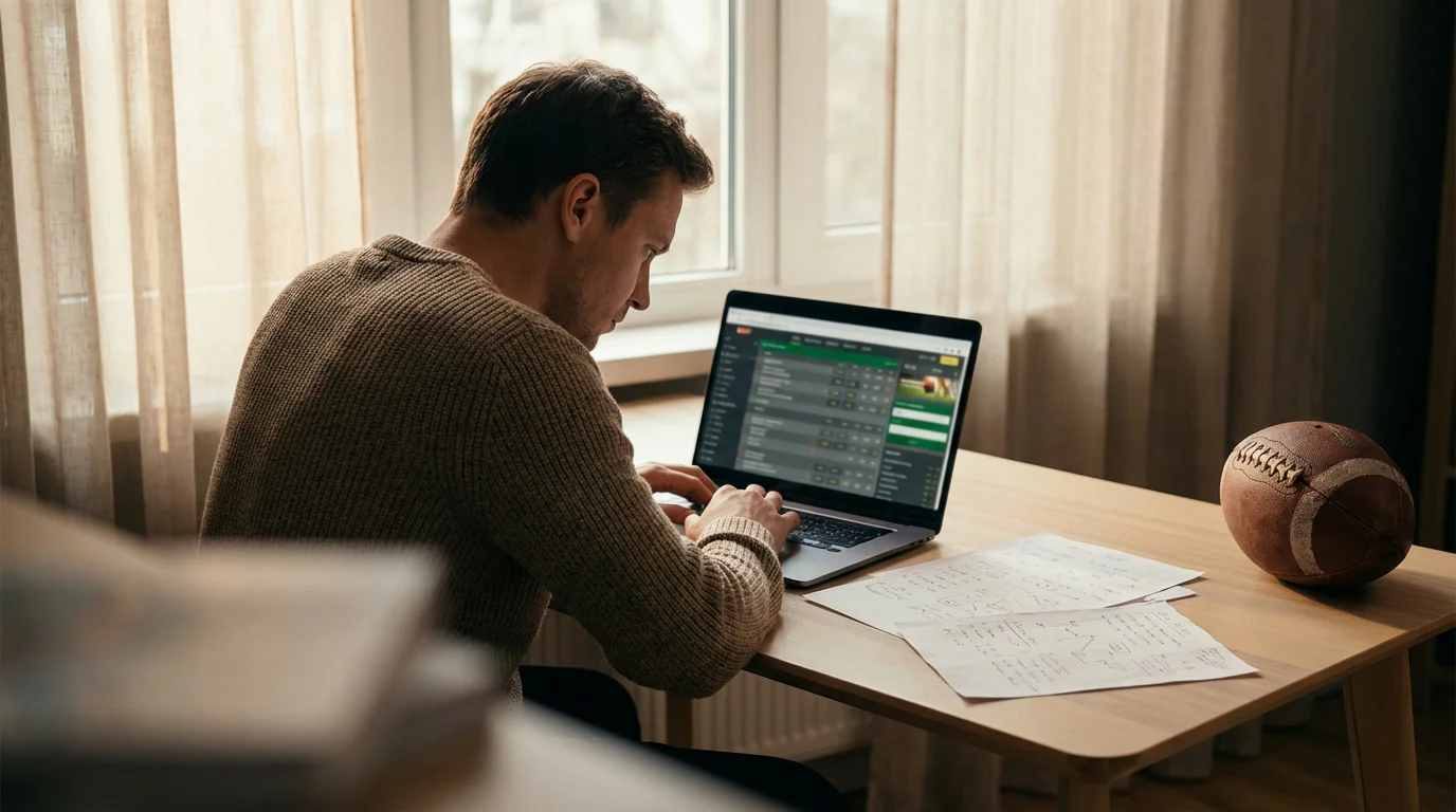 Analista revisando datos de cuotas de fútbol en un escritorio con pantalla y notas