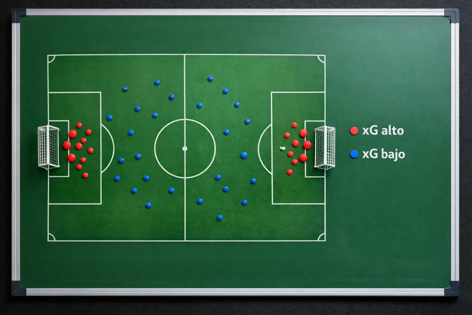 Diagrama explicativo de goles esperados xG con mapa de tiros en campo de f&uacute;tbol